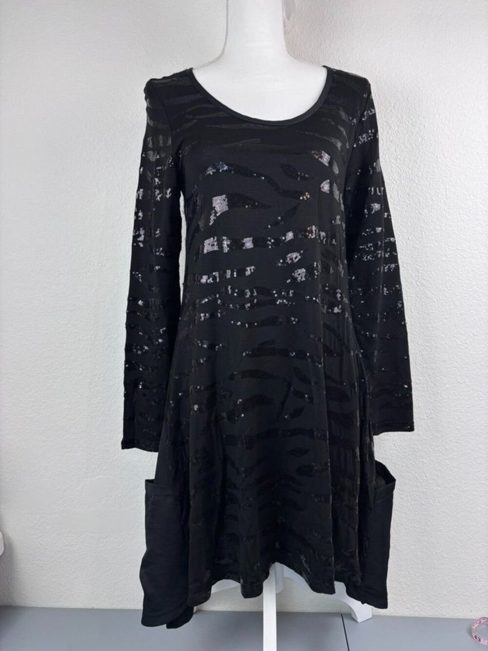 Uncle Frank women's XS black long sleeve zebra sequin tunic mini dress Y2K 90's